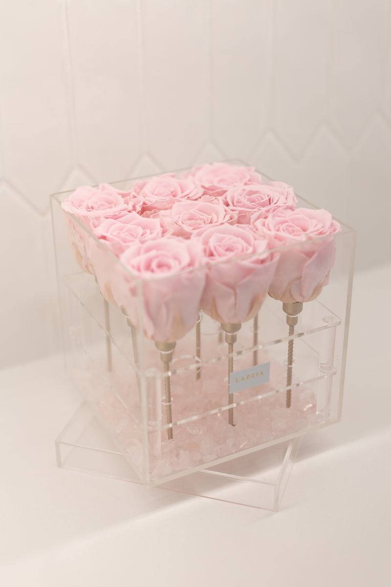 Soft Pink Stone Collection - 9 Roses in a Square Box